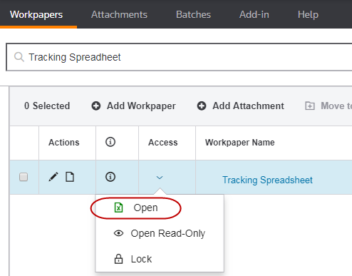 Screen capture showing the Open link in the Access column.
